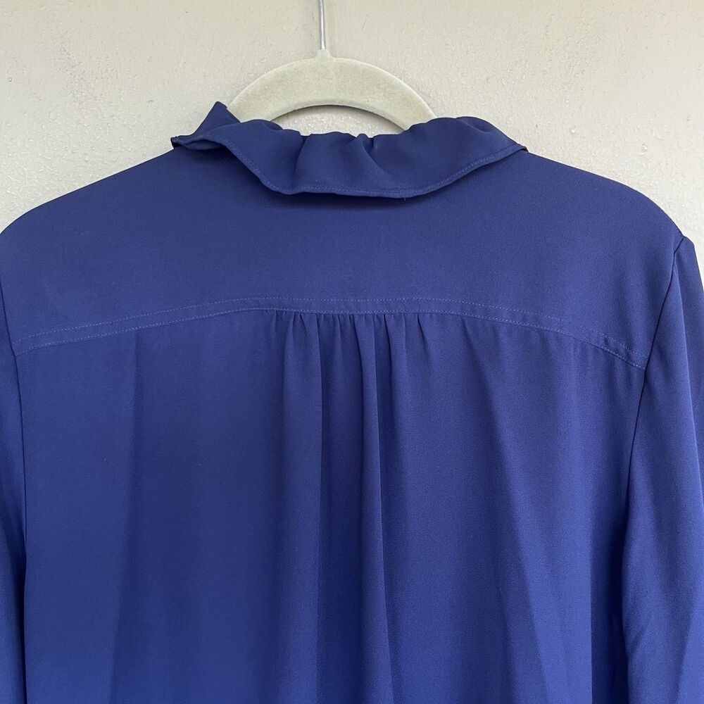 J Crew Navy Sheer Ruffle Blouse Women 12 Gold Button Long Sleeve Preppy Romantic - Picture 10 of 14